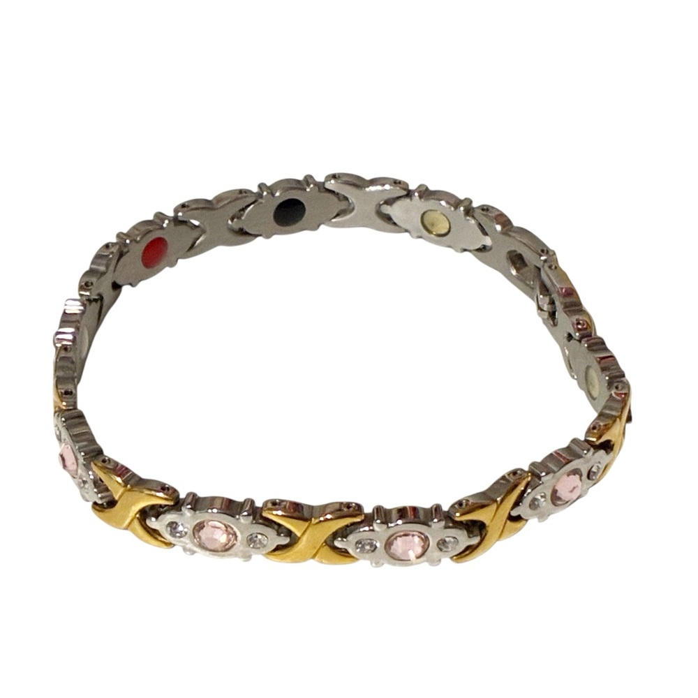 Gold‎ Silver Two Tone Magnetic Bracelet With Pink And Clear Crystal Stainless